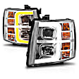 2009 Chevrolet Silverado 1500 - Driver and Passenger Side Halogen/LED Headlight, With bulb(s), Chrome Housing; With Light Bar; With Sequential, Clear Lens, Chrome Interior, Projector Series