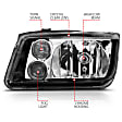 121169 Driver and Passenger Side Halogen Headlight, Without bulb(s), Clear Lens, Black Interior, Crystal Series