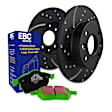 1997 Volvo S90 - Front Brake Disc and Pad Kit, Dimpled and Slotted, 5 Lugs, Aramid Fiber, FMSI Pad No. D634; Vented; 5 Bolt Holes; 280mm Dia.; 51mm Height; 26mm Thick; 68mm Center Hole Dia., S10 Greenstuff 2000 and GD Sport Slotted and Dimpled Rotors