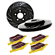 S5KF1386 Front Brake Disc and Pad Kit, Dimpled and Slotted 5 Lugs 344.93 mm Aramid Fiber S5 Yellowstuff and GD Sport Slotted and Dimpled Super Street Rotors