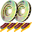 S5KF1474 Front Brake Disc and Pad Kit, Dimpled and Slotted 5 Lugs 327.91 mm Aramid Fiber S5 Yellowstuff and GD Sport Slotted and Dimpled Super Street Rotors