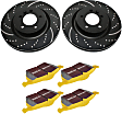 S5KR1280 Rear Brake Disc and Pad Kit, Silver Grey Geomet, Dimpled and Slotted, 5 Lugs, 345.44 mm, Aramid Fiber, S5 Yellowstuff and GD Sport Slotted and Dimpled Super Street Rotors