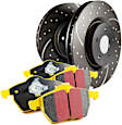 S5KR1476 Rear Brake Disc and Pad Kit, Silver Grey Geomet, Dimpled and Slotted, 5 Lugs, Aramid Fiber, S5 Yellowstuff and GD Sport Slotted and Dimpled Super Street Rotors