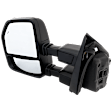 Driver Side Towing Mirror, Power Adjust, Heated, Manual Folding, Textured Black, No Signal Light, No Memory, No Puddle Light, No Auto-Dim, With Blind Spot Detection in Glass