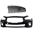 2-Piece Kit Front Primed Bumper Cover, Except Sport Model, Without Parking Aid Sensor Holes, Includes (1) Bumper Cover and (1) Grille Assembly