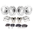4-Wheel Set Front and Rear Brake Kit With Calipers Front-Cross-drilled and Slotted/Rear-Plain Surface, 6 Lugs, Front-Ceramic/Rear-Semi-Metallic, Includes (4) Caliper, (4) Disc, and (2) Pad Set