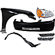 7-Piece Kit Passenger Side LED Headlight, Includes (2) Bumper Bracket, (1) Bumper Cover, (1) Fender, (1) Fender Liner, (1) Headlight, and (1) Light Bulb