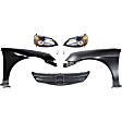 6-Piece Kit Driver and Passenger Side Halogen Headlight, With bulb(s), OE Replacement, Sedan, Includes (2) Fender, (1) Grille Assembly, (1) Headlight and (2) Light Bulb