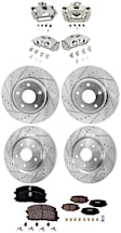 4-Wheel Set Front and Rear Brake Kit With Calipers, Cross-drilled and Slotted Front-329.95 mm/Rear-327.91 mm Ceramic FWD, Includes (4) Caliper, (4) Disc, and (2) Pad Set
