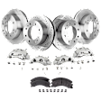 4-Wheel Set Front and Rear Brake Kit With Calipers, Front-Plain Surface/Rear-Cross-drilled and Slotted Front-355.09 mm/Rear-357.12 mm Semi-metallic, Includes (4) Caliper, (4) Disc and (1) Pad Set
