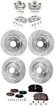 4-Wheel Set Front and Rear Brake Kit With Calipers, Cross-drilled and Slotted Front-329.95 mm/Rear-327.91 mm Ceramic FWD, Includes (4) Caliper, (4) Disc, and (2) Pad Set