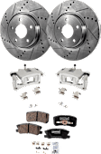 2-Wheel Set Rear Brake Kit With Calipers, Cross-drilled and Slotted 5 Lugs 302 mm Ceramic, Includes (2) Caliper, (2) Disc, and (1) Pad Set