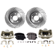 2-Wheel Set Front Brake Kit With Calipers, Cross-drilled and Slotted 5 Lugs 300 mm Ceramic FWD, Includes (2) Brake Caliper, (2) Brake Disc and (1) Brake Pad Set
