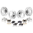 4-Wheel Set Front and Rear Brake Kit With Calipers, Front-Cross-drilled and Slotted/Rear-Plain Surface 6 Lugs Front-325 mm/Rear-330.96 mm Ceramic, Includes (4) Caliper, (4) Disc and (2) Pad Set