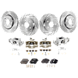 4-Wheel Set Front and Rear Brake Kit With Calipers, Front-Plain Surface/Rear-Cross-drilled and Slotted, 5 Lugs, Front-Semi-Metallic/Rear-Ceramic, Includes (4) Caliper, (4) Disc, and (2) Pad Set