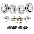 4-Wheel Set Front and Rear Brake Kit With Calipers Front-Cross-drilled and Slotted/Rear-Plain Surface, 5 Lugs, Front-Semi-Metallic/Rear-Ceramic, Includes (4) Caliper, (4) Disc, and (2) Pad Set