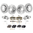 4-Wheel Set Front and Rear Brake Kit With Calipers, Cross-drilled and Slotted 5 Lugs Front-302 mm/Rear-305 mm Front-Semi-Metallic/Rear-Ceramic, Includes (4) Caliper, (4) Disc, and (2) Pad Set