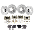 4-Wheel Set Front and Rear Brake Kit With Calipers, Front-Plain Surface/Rear-Cross-drilled and Slotted 5 Lugs Front-299.97 mm/Rear-282.96 mm Organic FWD, Includes (4) Caliper, (4) Disc and (2) Pad Set