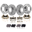 4-Wheel Set Front and Rear Brake Kit With Calipers, Front-Cross-drilled and Slotted/Rear-Plain Surface 6 Lugs Front-338.07 mm/Rear-311.91 mm Ceramic 4WD, Includes (4) Caliper, (4) Disc and (2) Pad Set