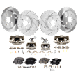 4-Wheel Set Front and Rear Brake Kit With Calipers, Front-Cross-drilled and Slotted/Rear-Plain Surface 5 Lugs Front-275 mm/Rear-259.08 mm Ceramic FWD, Includes (4) Caliper, (4) Disc, and (2) Pad Set