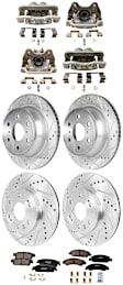 4-Wheel Set Front and Rear Brake Kit With Calipers, Cross-drilled and Slotted 6 Lugs Front-329.95 mm/Rear-344.93 mm Ceramic, Includes (4) Caliper, (4) Disc, and (2) Pad Set