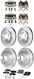 4-Wheel Set Front and Rear Brake Kit With Calipers, Front-Plain Surface/Rear-Cross-drilled and Slotted 6 Lugs Front-329.95 mm/Rear-344.93 mm Ceramic, Includes (4) Caliper, (4) Disc, and (2) Pad Set