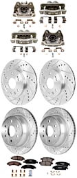 4-Wheel Set Front and Rear Brake Kit With Calipers, Cross-drilled and Slotted 6 Lugs Front-329.95 mm/Rear-344.93 mm Ceramic, Includes (4) Caliper, (4) Disc, and (2) Pad Set