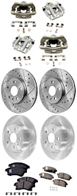 4-Wheel Set Front and Rear Brake Kit With Calipers, Front-Cross-drilled and Slotted/Rear-Plain Surface, 5 Lugs, Front-Organic/Rear-Ceramic, FWD, Includes (4) Caliper, (4) Disc, and (2) Pad Set