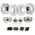 4-Wheel Set Front and Rear Brake Kit With Calipers, Front-Cross-drilled and Slotted/Rear-Plain Surface 5 Lugs Front-281.94 mm/Rear-281.69 mm Ceramic FWD, Includes (4) Caliper, (4) Disc and (2) Pad Set