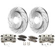 2-Wheel Set Front Brake Kit With Calipers, Cross-drilled and Slotted 6 Lugs 320.04 mm Organic, Includes (2) Brake Caliper, (2) Brake Disc and (1) Brake Pad Set