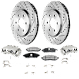 2-Wheel Set Front Brake Kit With Calipers, Cross-drilled and Slotted 6 Lugs 296 mm Ceramic, Includes (2) Brake Caliper, (2) Brake Disc and (1) Brake Pad Set