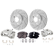 2-Wheel Set Front Brake Kit With Calipers, Cross-drilled and Slotted 5 Lugs 296 mm Ceramic, Includes (2) Brake Caliper, (1) Brake Pad Set and (2) Brake Disc