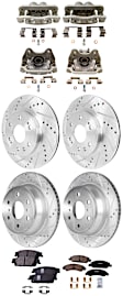 4-Wheel Set Front and Rear Brake Kit With Calipers, Cross-drilled and Slotted, 6 Lugs, Ceramic, Includes (4) Caliper, (4) Disc, and (2) Pad Set