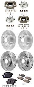 4-Wheel Set Front and Rear Brake Kit With Calipers, Front-Cross-drilled and Slotted/Rear-Plain Surface, 5 Lugs, Front-Organic/Rear-Ceramic, FWD, Includes (4) Caliper, (4) Disc, and (2) Pad Set