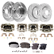4-Wheel Set Front and Rear Brake Kit With Calipers, Front-Cross-drilled and Slotted/Rear-Plain Surface 5 Lugs Front-296 mm/Rear-305 mm Ceramic, Includes (4) Caliper, (4) Disc and (2) Pad Set