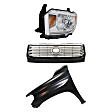 3-Piece Kit, Grille Painted Silver Shell with Gray Insert, For Models With Front Emblem, Includes (1) Fender, (1) Grille, and (1) Headlight