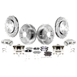 4-Wheel Set Front and Rear Brake Kit With Calipers, Front-Cross-drilled and Slotted/Rear-Plain Surface 6 Lugs Front-296 mm/Rear-286 mm Ceramic, Includes (4) Caliper, (4) Disc and (2) Pad Set