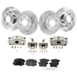 4-Wheel Set Front and Rear Brake Kit With Calipers, Front-Plain Surface/Rear-Cross-drilled and Slotted 5 Lugs Front-281.94 mm/Rear-281.69 mm Ceramic FWD, Includes (4) Caliper, (4) Disc and (2) Pad Set