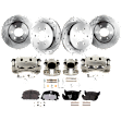 4-Wheel Set Front and Rear Brake Kit With Calipers, Front-Plain Surface/Rear-Cross-drilled and Slotted, 6 Lugs,  Front-Ceramic/Rear-Semi-Metallic, Includes (4) Caliper, (4) Disc and (2) Pad Set