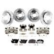 4-Wheel Set Front and Rear Brake Kit With Calipers, Front-Plain Surface/Rear-Cross-drilled and Slotted, 6 Lugs, Front-Ceramic/Rear-Semi-Metallic, Includes (4) Caliper, (4) Disc and (2) Pad Set