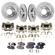 4-Wheel Set Front and Rear Brake Kit With Calipers, Front-Plain Surface/Rear-Cross-drilled and Slotted, 5 Lugs, Front-Ceramic/Rear-Organic, FWD, Includes (4) Caliper, (4) Disc, and (2) Pad Set