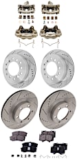 4-Wheel Set Front and Rear Brake Kit With Calipers, Cross-drilled and Slotted 6 Lugs Front-338.07 mm/Rear-311.91 mm Ceramic, Includes (4) Brake Caliper, (4) Brake Disc and (2) Brake Pad Set