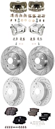 4-Wheel Set Front and Rear Brake Kit With Calipers, Cross-drilled and Slotted 5 Lugs Front-296 mm/Rear-280.8 mm Ceramic, Includes (4) Caliper, (4) Disc, and (2) Pad Set