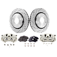 2-Wheel Set Front Brake Kit With Calipers, Cross-drilled and Slotted 5 Lugs 302 mm Semi-metallic, Includes (2) Brake Caliper, (2) Brake Disc and (1) Brake Pad Set