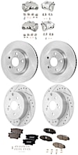 4-Wheel Set Front and Rear Brake Kit With Calipers, Front-Plain Surface/Rear-Cross-drilled and Slotted 5 Lugs Front-295.91 mm/Rear-280.8 mm Ceramic, Includes (4) Caliper, (4) Disc, and (2) Pad Set