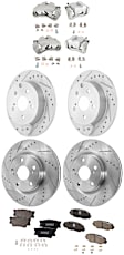 4-Wheel Set Front and Rear Brake Kit With Calipers, Cross-drilled and Slotted 5 Lugs Front-296 mm/Rear-280.8 mm Ceramic, Includes (4) Caliper, (4) Disc, and (2) Pad Set