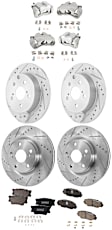 4-Wheel Set Front and Rear Brake Kit With Calipers, Cross-drilled and Slotted 5 Lugs Front-296 mm/Rear-280.8 mm Ceramic, Includes (4) Caliper, (4) Disc, and (2) Pad Set