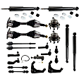 21-Piece Front Suspension Kit Includes (2) Control Arm, (2) Ball Joint, (2) Sway Bar, (4) Tie Rod End, (1) Idler Arm, (1) Pitman Arm, (1) Bracket, (2) Axle Assembly, (4) Shock and Strut (2) Wheel Hub