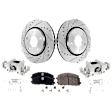 2-Wheel Set Front Brake Kit With Calipers, Cross-drilled and Slotted 5 Lugs 302 mm Ceramic, Includes (2) Brake Caliper, (2) Brake Disc and (1) Brake Pad Set