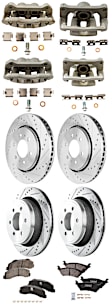 4-Wheel Set Front and Rear Brake Kit With Calipers, Cross-drilled and Slotted 6 Lugs Front-350.01 mm/Rear-348.23 mm Ceramic, Includes (4) Caliper, (4) Disc, and (2) Pad Set